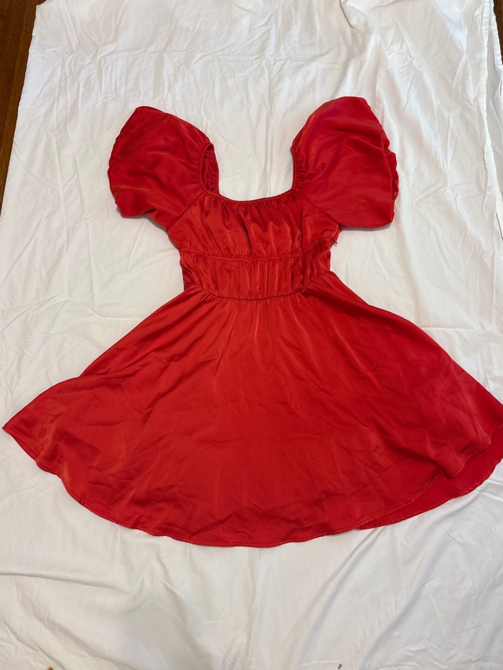 Red Puff-Sleeve Satin Dress